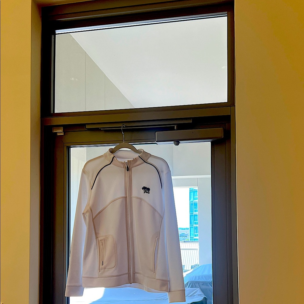 White Zip-Up Jacket with Torrey pines embroidery